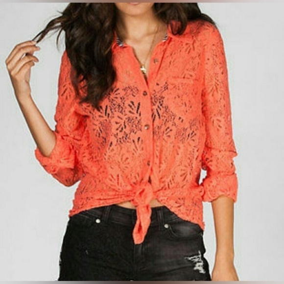 Volcom Orange Coral Peach floral Lace crochet knit Button down top small NWT - Picture 3 of 13